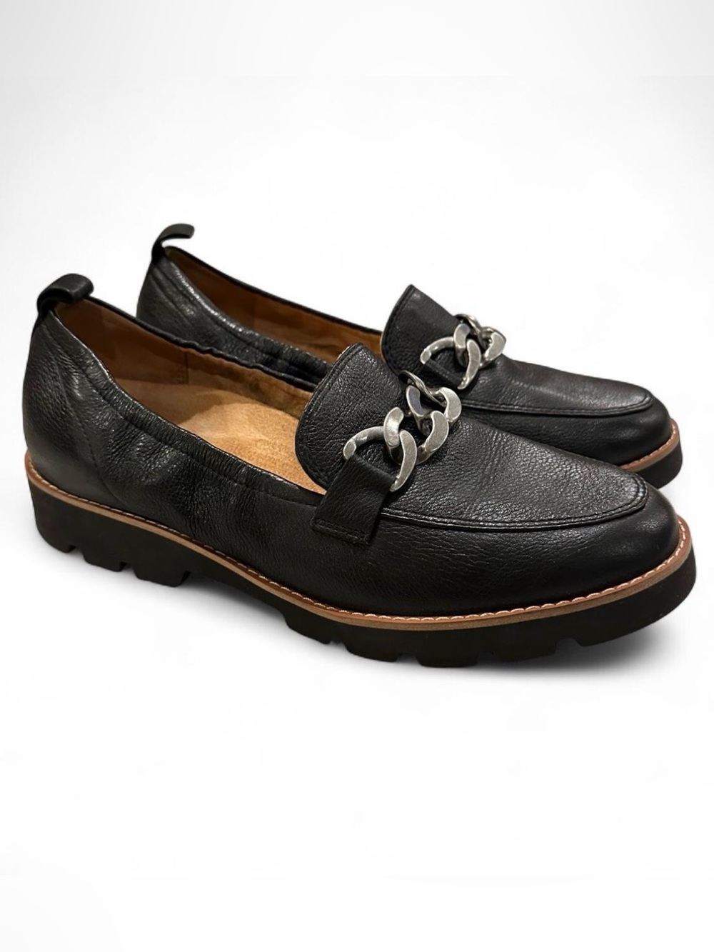 Vionic Cynthia Black Leather Loafers Silver Chain Accent Arch Support Women’s 8